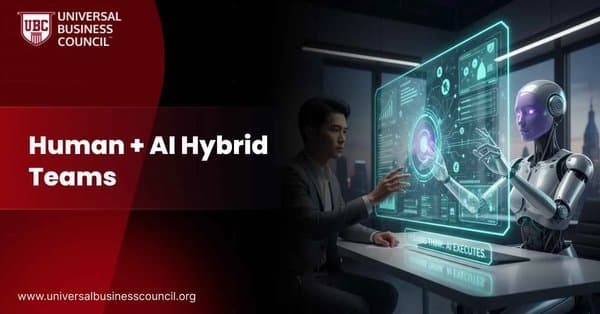 A professional and an AI robot collaborate using a glowing holographic interface displaying data and insights, representing synergy between humans and AI.