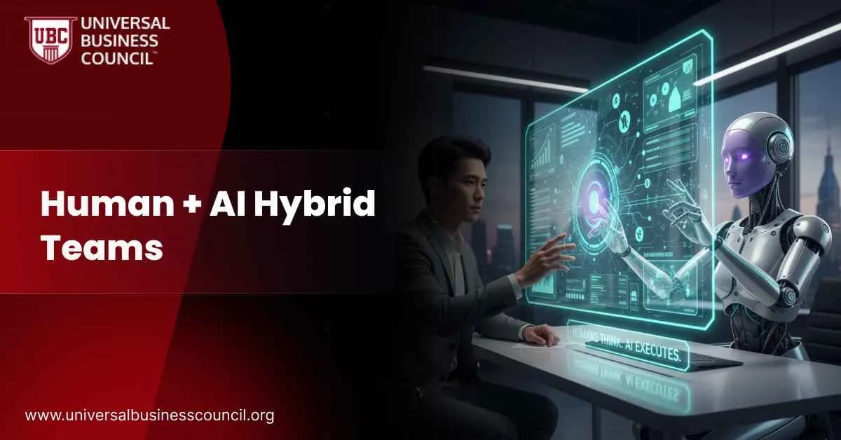 A professional and an AI robot collaborate using a glowing holographic interface displaying data and insights, representing synergy between humans and AI.