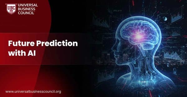 A futuristic holographic human profile with an illuminated brain surrounded by data visualizations, symbolizing AI-driven forecasting and future prediction.