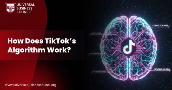 A glowing brain-shaped circuit with TikTok’s logo at the center, showing labels like user interests, watch time, and trending sounds to represent algorithm logic.