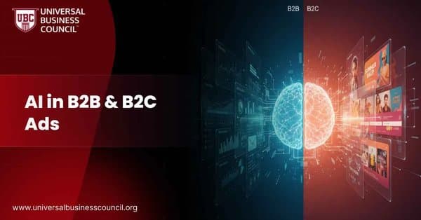 A glowing brain divided into B2B and B2C halves, surrounded by digital analytics and advertising visuals, representing AI-powered ad targeting.
