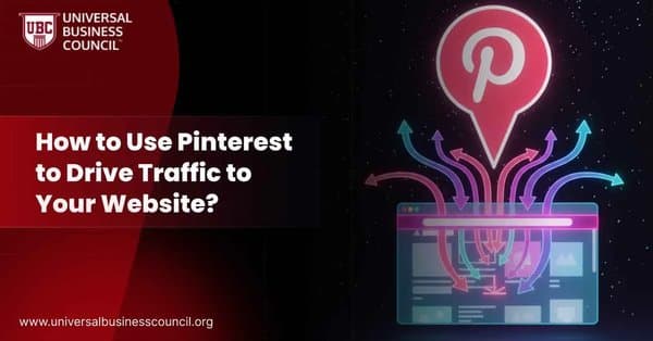 A glowing Pinterest logo above a digital browser interface with colorful arrows pointing downward, illustrating how Pinterest drives web traffic.