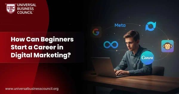 Young professional using laptop with logos of Meta, Canva, and Google.