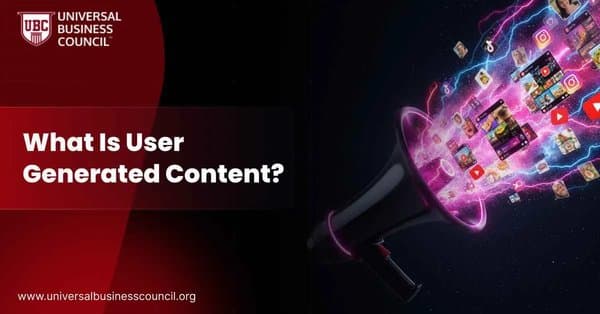 A megaphone releases glowing digital icons of social media platforms like Instagram, YouTube, and TikTok, symbolizing user-created online content.
