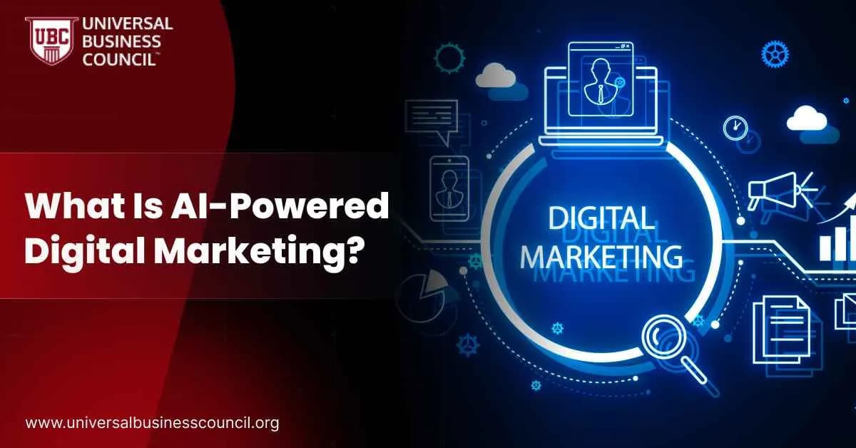Blue neon digital marketing graphic featuring AI and automation icons.