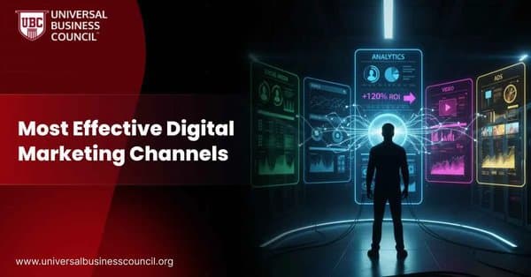Person analyzing futuristic digital screens showing ads, analytics, and video stats.