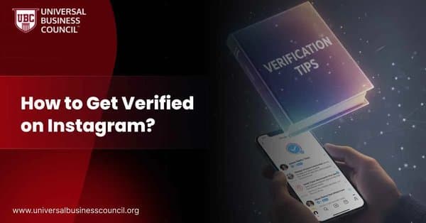 A person holding a smartphone showing Instagram’s verification badge with a holographic book titled “Verification Tips” floating above.