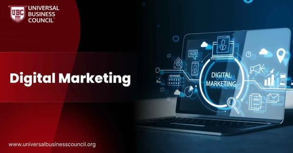Laptop displaying glowing icons representing online marketing and analytics.