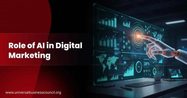 AI robotic hand analyzing digital marketing dashboards with graphs and global data visualizations.