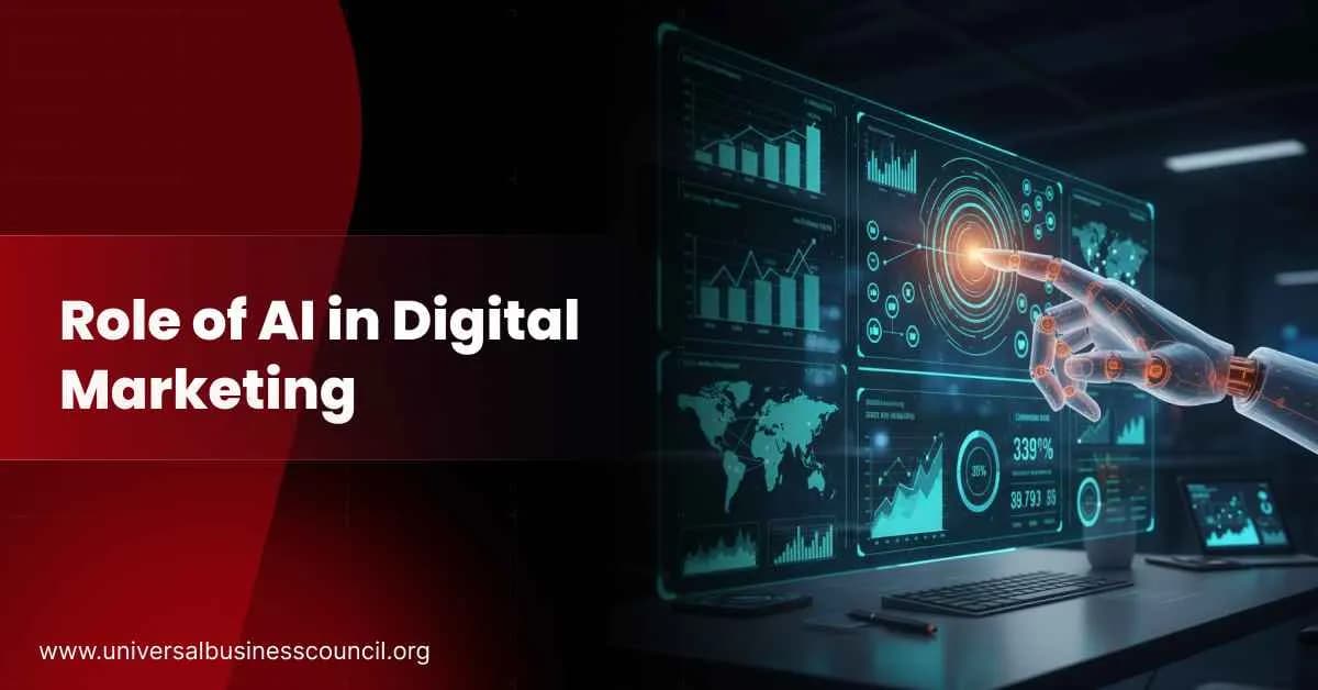 AI robotic hand analyzing digital marketing dashboards with graphs and global data visualizations.