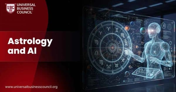 A humanoid AI interacts with a holographic zodiac wheel displaying astrological symbols, representing the fusion of astrology and artificial intelligence.