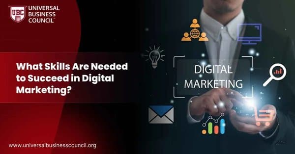 Professional using smartphone with digital marketing icons and charts.