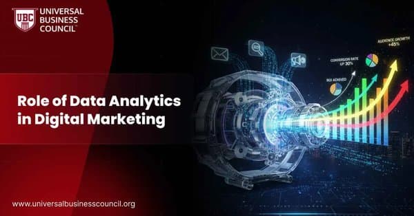 Futuristic engine with graphs showing data analytics driving marketing growth.