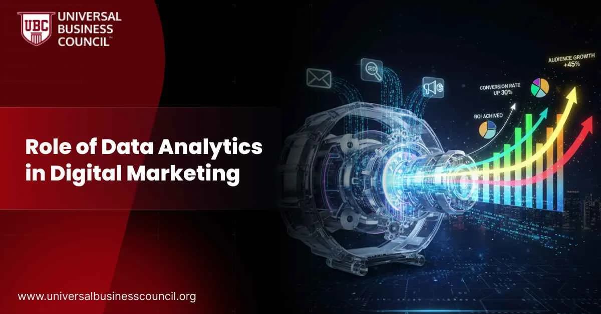 Futuristic engine with graphs showing data analytics driving marketing growth.
