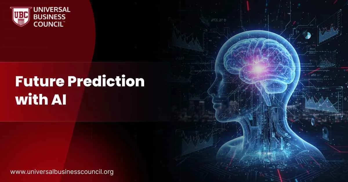 A futuristic holographic human profile with an illuminated brain surrounded by data visualizations, symbolizing AI-driven forecasting and future prediction.