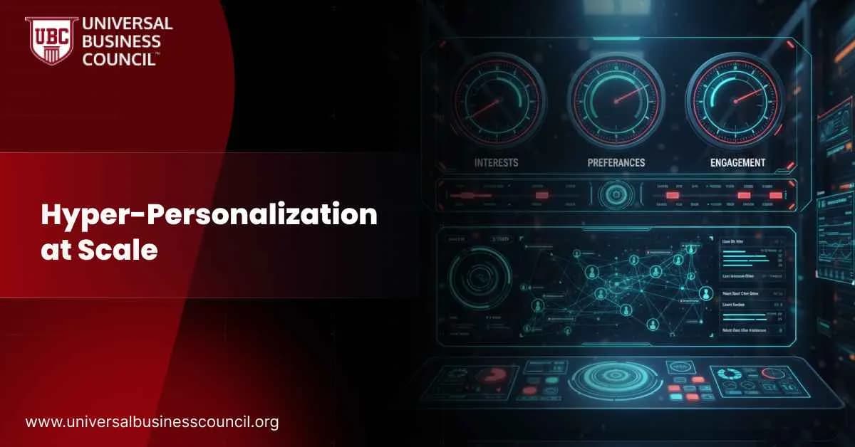 A digital dashboard with glowing dials for interests, preferences, and engagement, representing advanced customer personalization through AI.