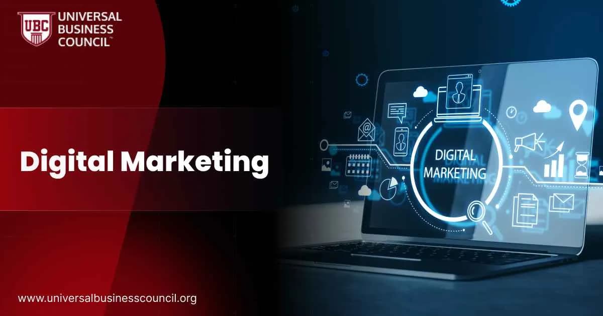 Laptop displaying glowing icons representing online marketing and analytics.
