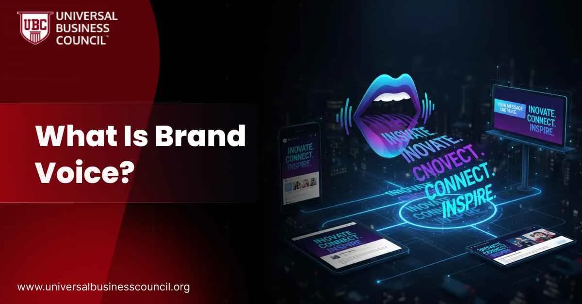 A stylized mouth emits digital text saying “Innovate. Connect. Inspire.” across devices and billboards, illustrating consistent brand messaging.
